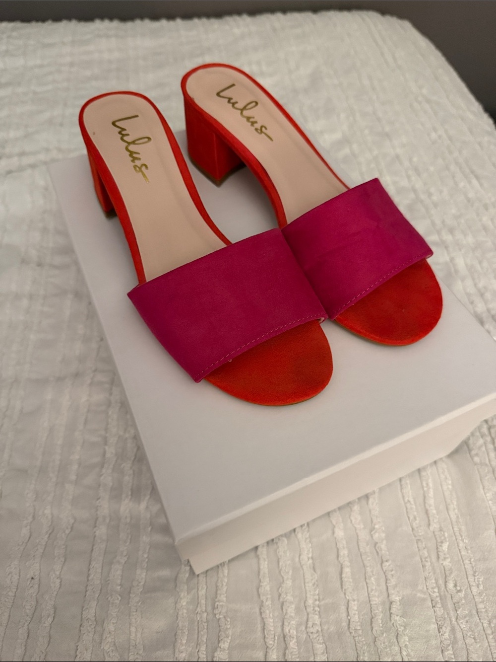 Lulu's Fuchsia Strap Orange Block Heel Slide Mules